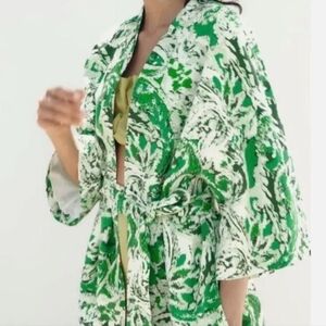 Zara linen blend lined printed oversized kimono Relaxed FitGreen Abstract Print